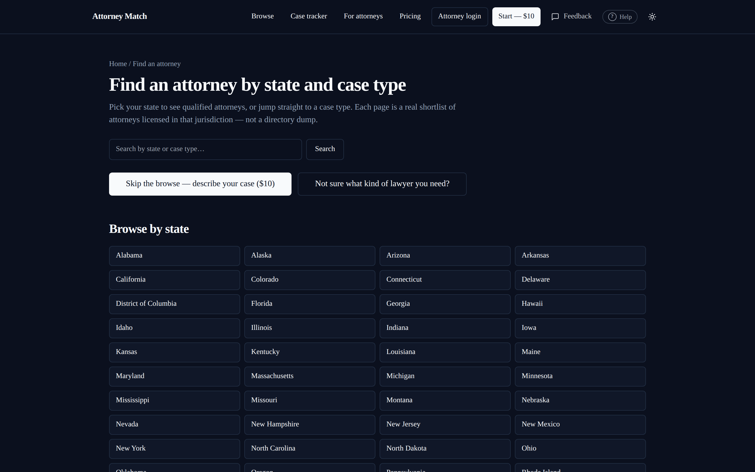 The browse page: attorneys by state and by case type