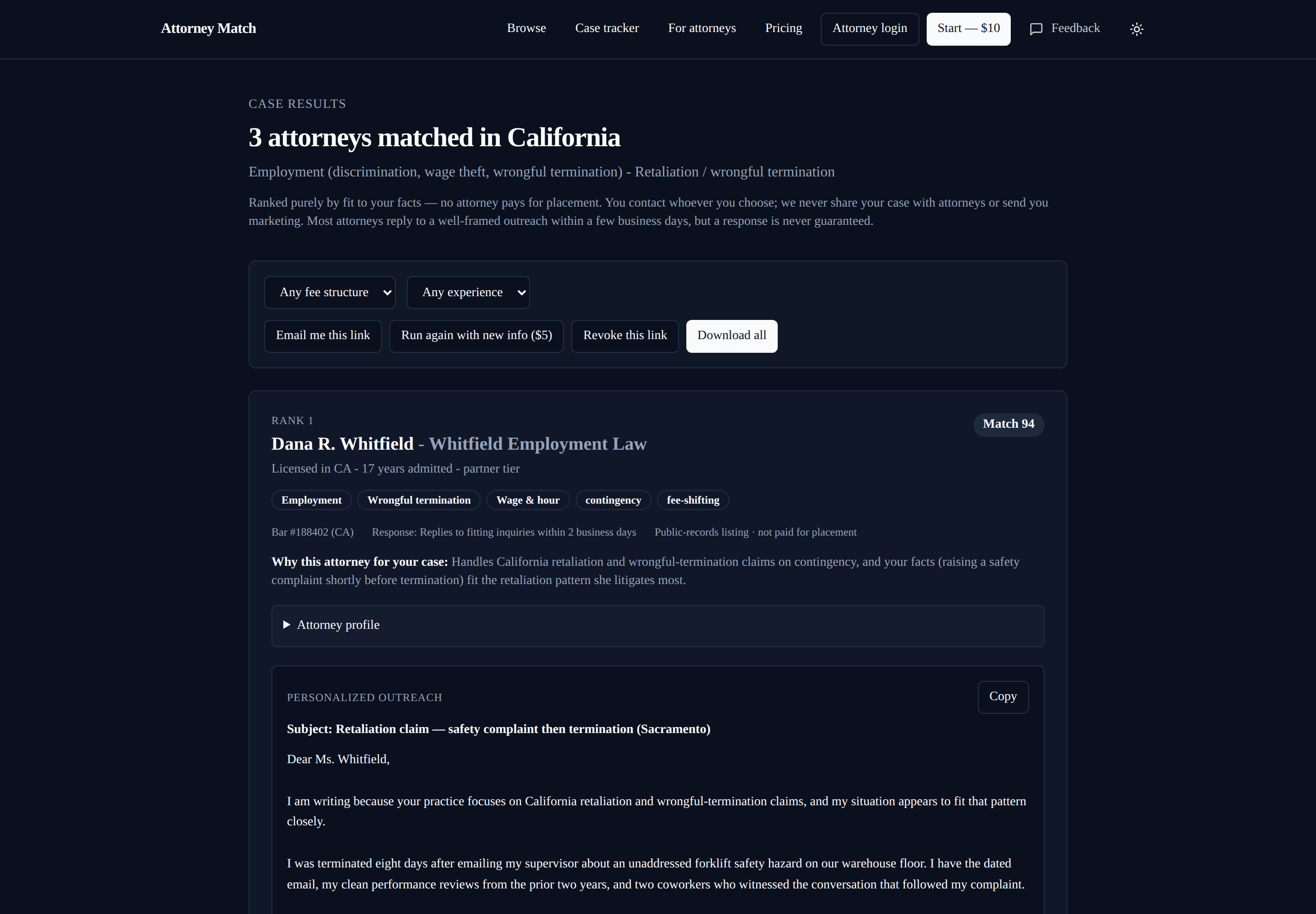 Attorney Match results: a ranked shortlist of matched attorneys, each with a reason they fit and a ready-to-send outreach letter