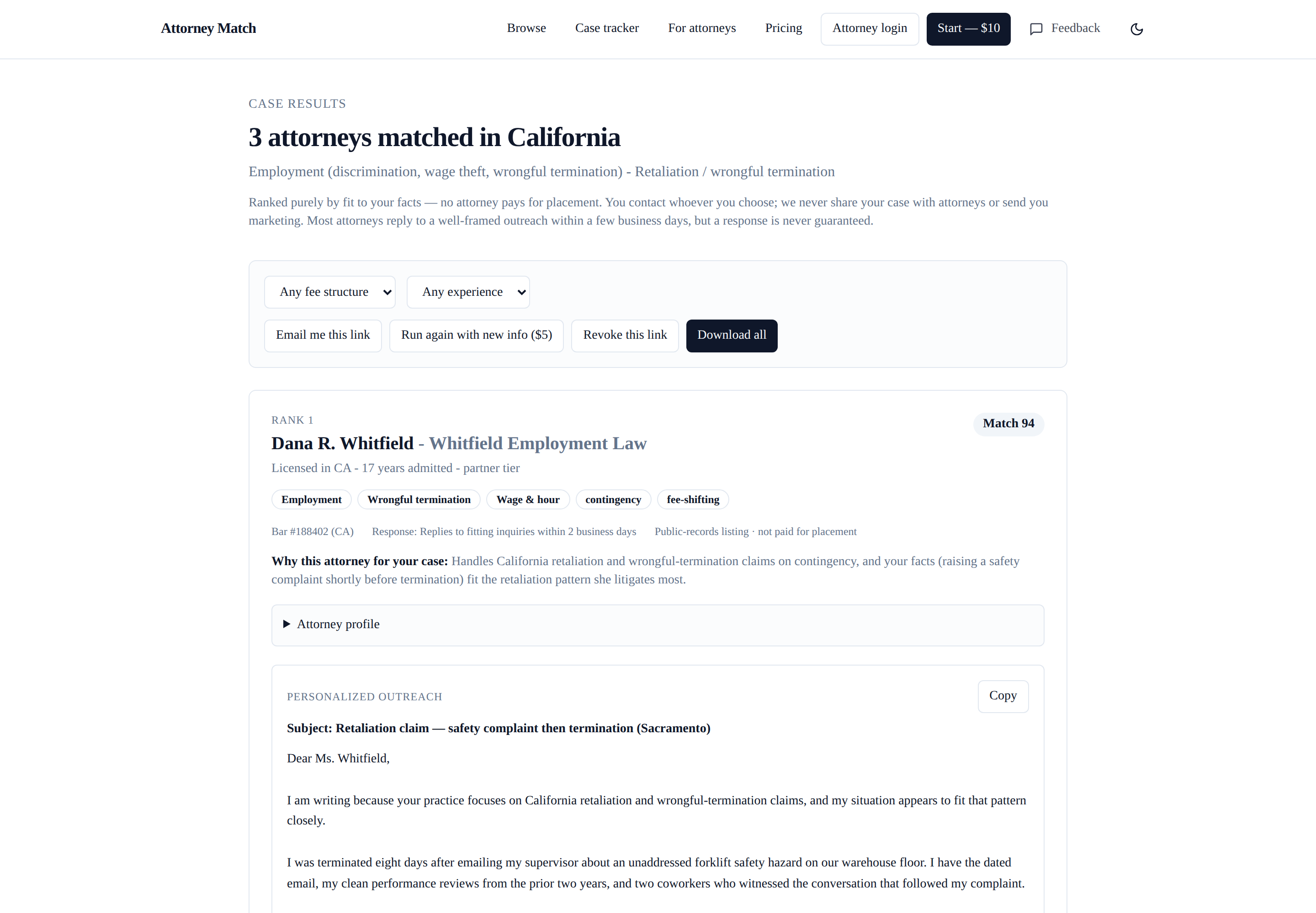 Attorney Match results: a ranked shortlist of matched attorneys, each with a reason they fit and a ready-to-send outreach letter