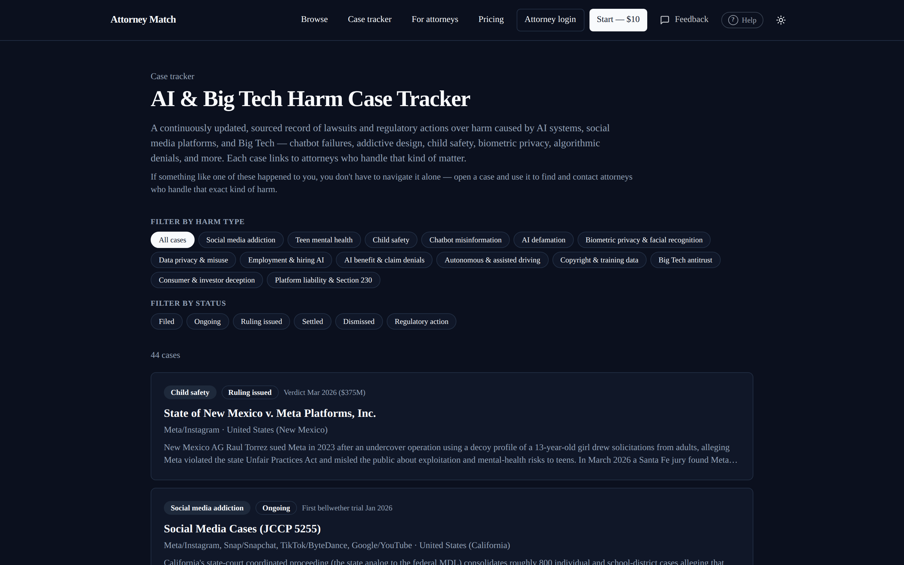 The case tracker: filterable list of public AI and Big Tech harm cases